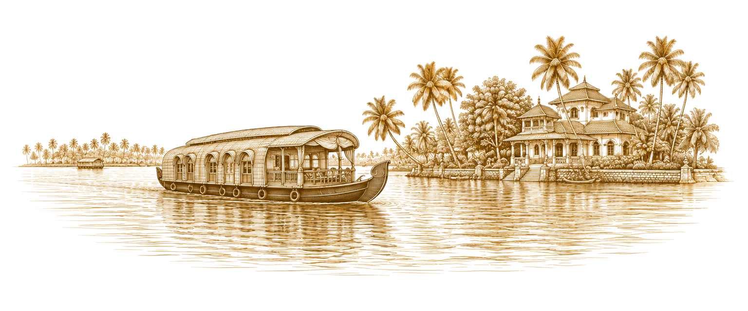 Gold etching of a backwater houseboat with palms and a heritage villa