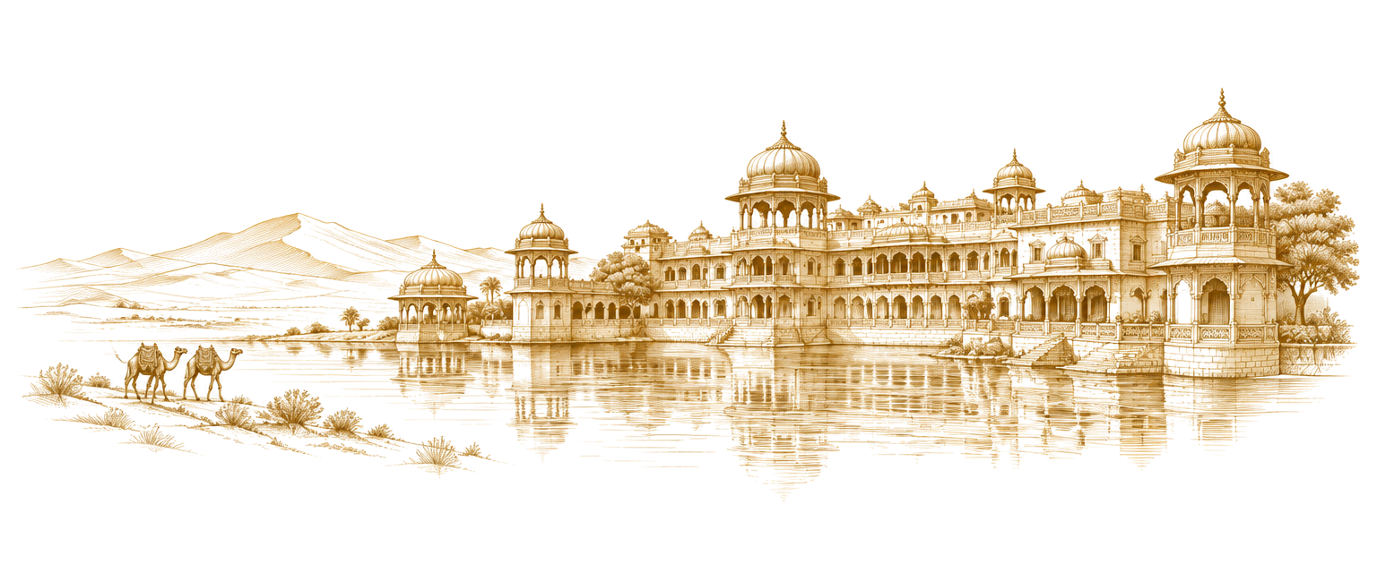 Gold etching of a Rajasthan palace with camels and desert dunes